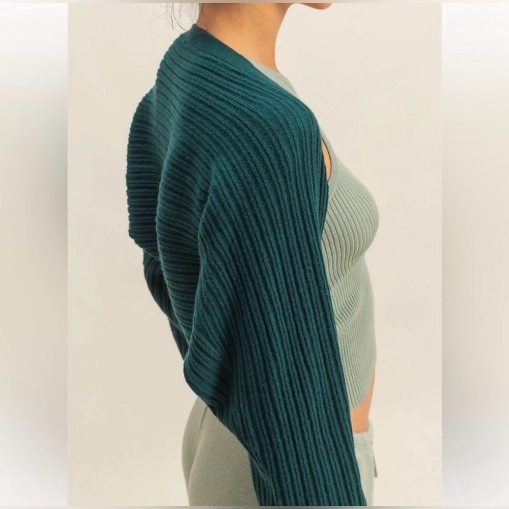 NEW Double Zero Green Ribbed Knit Cropped Bolero Cardigan Open Front Medium - Picture 4 of 5